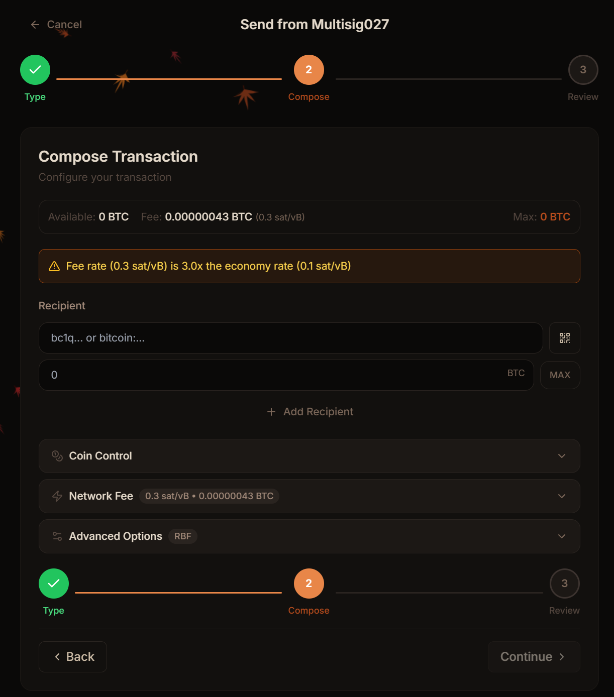 Send flow with fee estimation and hardware wallet confirmation