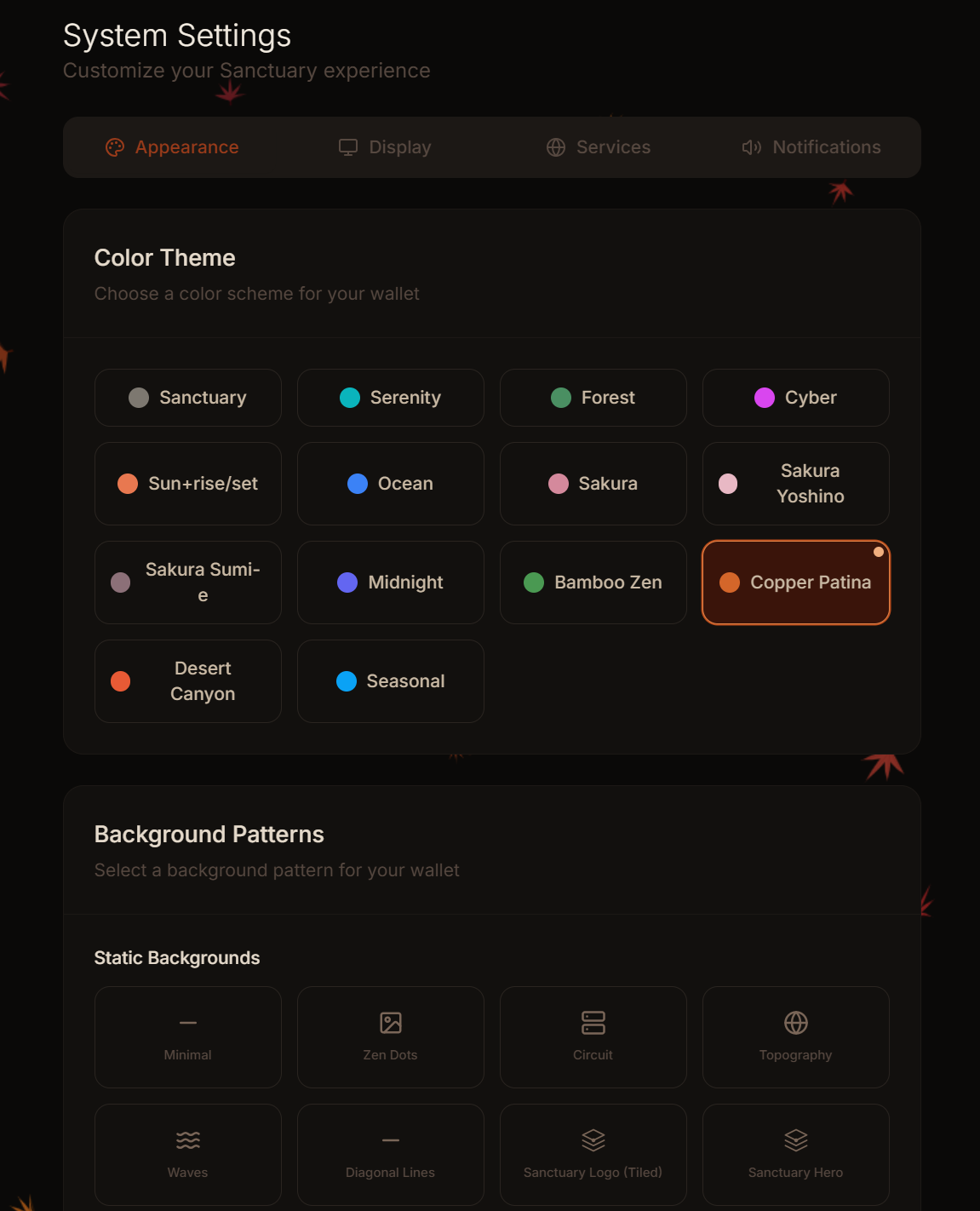 Settings page showing theme customization and security preferences