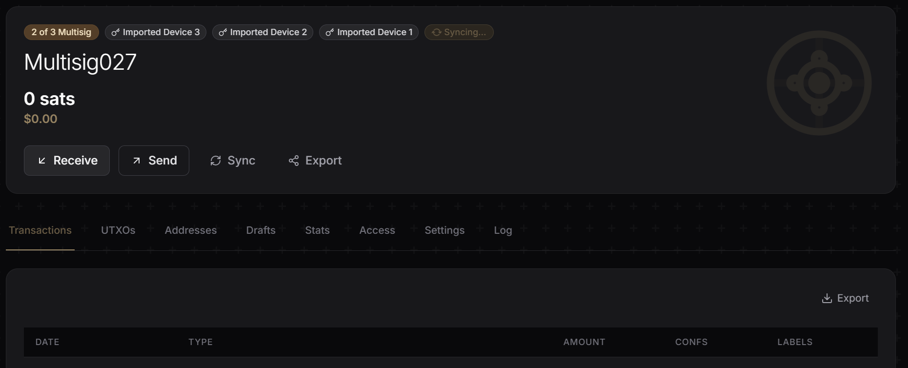 Wallet detail view with transaction history and coin control